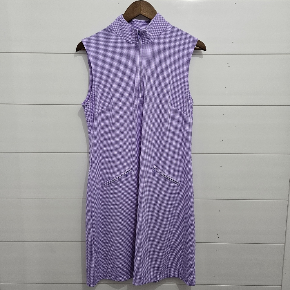 IBKUL Mini Check Print Sleeveless Mock Neck Dress Lavender White Medium